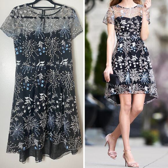 ADRIANNA PAPELL DRESS 10 FAIRY GRUNGE WHIMSIGOTH BLACK BLUE FLORAL SHEER MESH - Picture 1 of 14